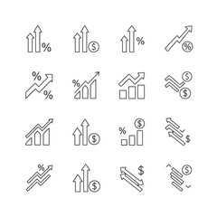 Set of icons representing financial growth, percentage increase, and business success with upward arrows, graphs, and currency symbols