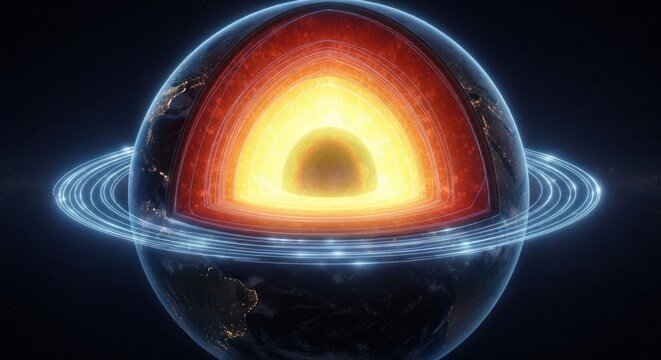 Cutaway View of Earths Interior Layers and Atmosphere.