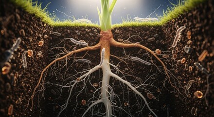 Detailed cross-section of a plant showing its root system and the soil structure.