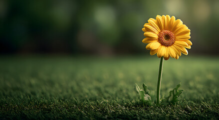 single yellow gerbera flower standing tall on artificial turf under soft morning sunlight, surrounded by green blurred background that highlights its bright petals, natural beauty