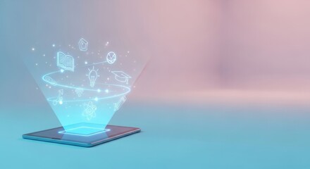 Tablet displaying hologram icons of education symbols, representing online learning.