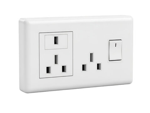 White uk electrical socket with switch on isolated background isolated on transparent background