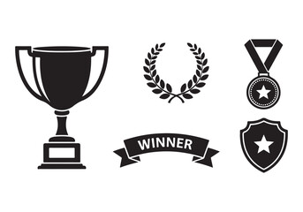 Set of winning award and prize icons, trophy reward, victory trophy signs