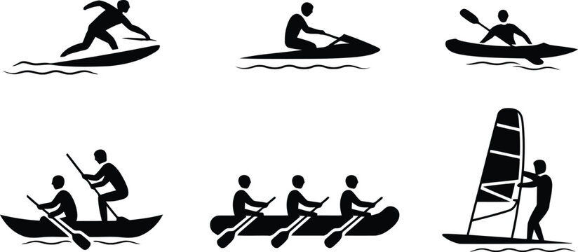 A collection of black silhouette icons depicting various popular water sports activities