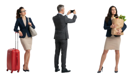 Isolated diverse business professionals demonstrating modern lifestyle on transparent background