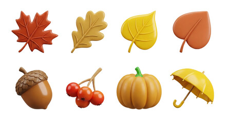 Charming autumnal collection of vibrant 3D rendered icons, perfect for seasonal designs and