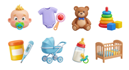 A curated collection of 3D rendered baby essentials for new parents and nursery decor planning