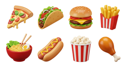 Delicious Cartoon Food Icons Arrangement on an Isolated Transparent Background
