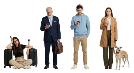 Diverse individuals using technology while waiting with luggage and a dog, isolated against