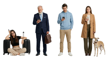 Diverse individuals using technology while waiting with luggage and a dog, isolated against