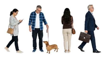 Diverse group of people walking and interacting isolated on a transparent backdrop