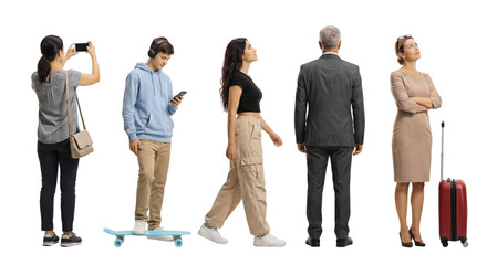 Diverse group looking up on isolated transparent background, showcasing varying ages and modern
