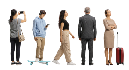 Diverse group looking up on isolated transparent background, showcasing varying ages and modern