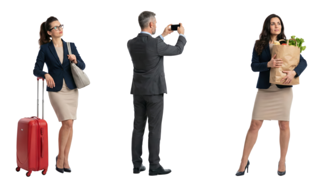 Isolated diverse business professionals demonstrating modern lifestyle on transparent background