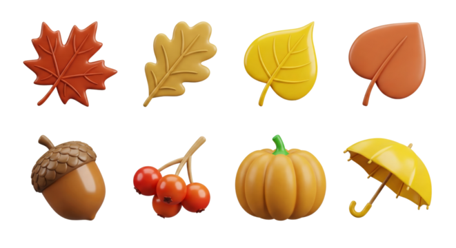 Charming autumnal collection of vibrant 3D rendered icons, perfect for seasonal designs and