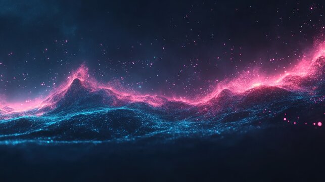 Abstract landscape of luminous pink and blue nebulas over dark horizon