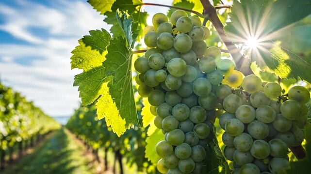 Close Up Of Green Grapes And Leaves With Sunlight In Vineyard Row During Daytime