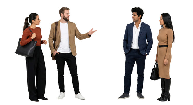 Diverse professionals engage in separate discussions against a transparent isolated background