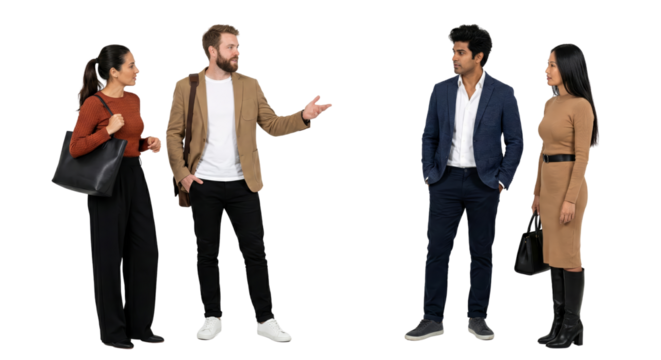 Diverse professionals engage in separate discussions against a transparent isolated background