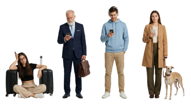 Diverse individuals using technology while waiting with luggage and a dog, isolated against