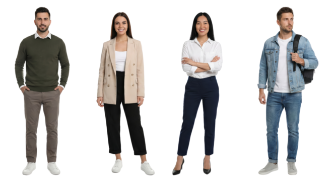 Diverse group of young professionals in casual and business attire smiling on transparent background