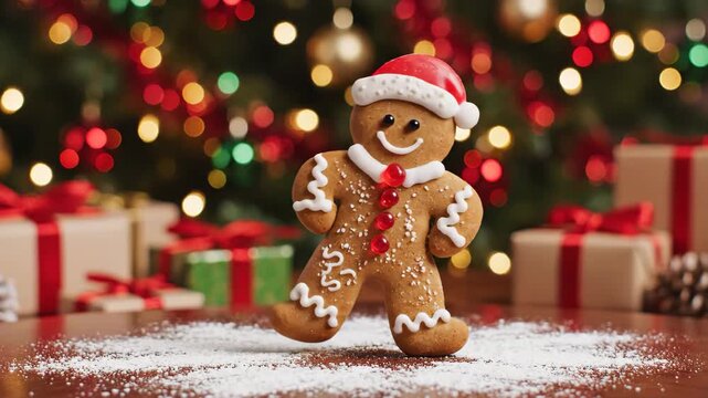 Festive gingerbread man in Santa hat dances on snowy table with Christmas tree gifts twinkling lights in background brings holiday cheer