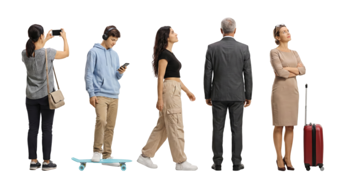 Diverse group looking up on isolated transparent background, showcasing varying ages and modern