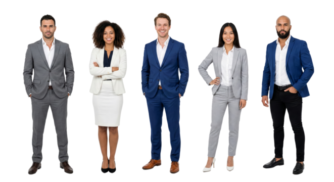 Diverse team of professionals standing confidently, ready to take on any challenge successfully,