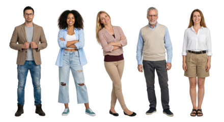 Diverse group of people standing confidently on transparent background presenting various styles