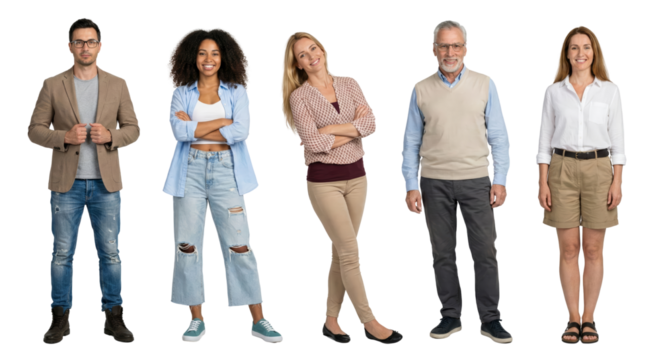 Diverse group of people standing confidently on transparent background presenting various styles - Powered by Adobe