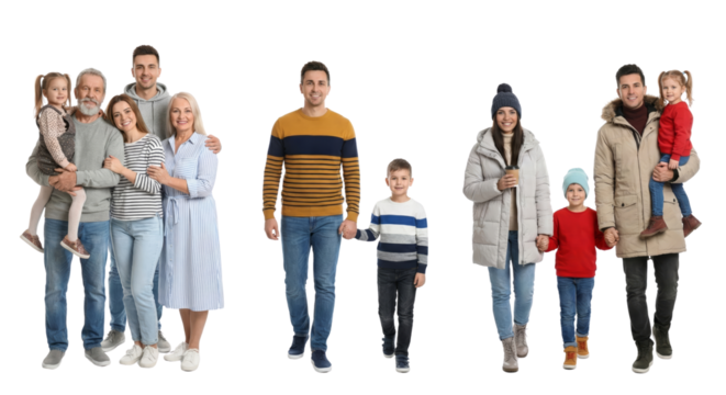 Diverse generations standing together, showcasing familial bonds and connections on a transparent