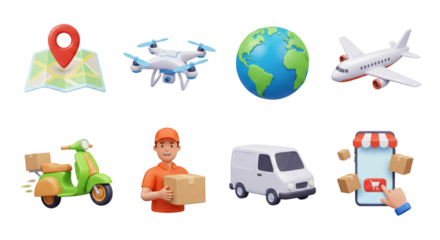 Delivery services illustration featuring a courier, scooter, drone, and other logistics components