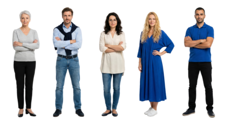 Diverse group showcasing individual styles, poised confidently with arms crossed against a clean