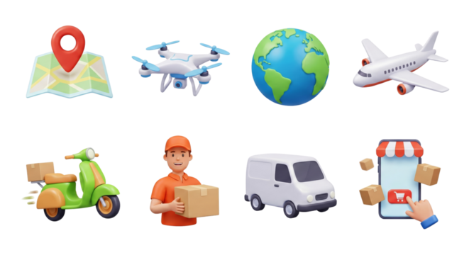 Delivery services illustration featuring a courier, scooter, drone, and other logistics components - Powered by Adobe