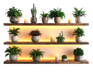 - Decorative Plant & Candle Shelf Collection of Four, isolated on transparent background