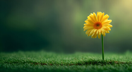 single yellow gerbera flower with two green leaves standing tall on artificial turf under gentle morning sunlight, surrounded by soft blurred green background capturing the calm