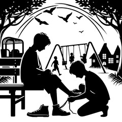 Black and White Vector Boy Helping Another Fix Shoelaces