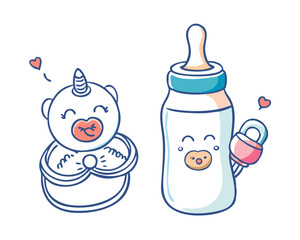 Illustration of a bottle with a pacifier. Mealtime, baby feeding. Cute unisex design for boys and girls. Hand drawn vector illustration isolated on white background. Childhood, motherhood, baby store 