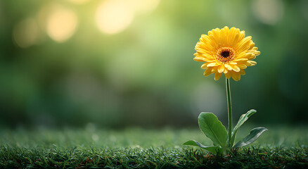 single yellow gerbera flower with two green leaves standing tall on artificial turf under gentle morning sunlight, surrounded by soft blurred green background capturing the calm