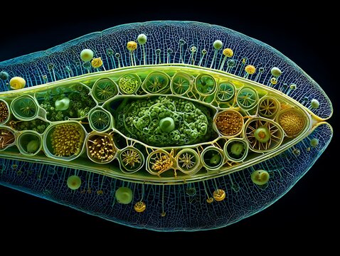 Highly detailed bioluminescent micro-organism intricate internal structure science digital art