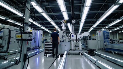 Factory engineer monitors an automated guided vehicle transporting a robotic arm, ensuring seamless integration of automation in a modern manufacturing facility - Powered by Adobe