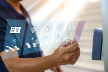 Hand scanning proximity ID card on reader access control system to security door unlock with identity or verification identify icons for safety detect fingerprint scan or check attendance.