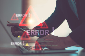 Human hand with warning caution 404 page not found error system or problem computer network firewall protection for cyber threat attack security risk alert hacker or cybercrime safety prevent.