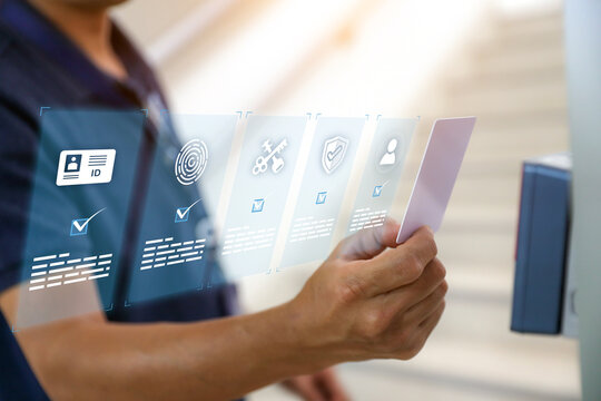 Hand scanning proximity ID card on reader access control system to security door unlock with identity or verification identify icons for safety detect fingerprint scan or check attendance.