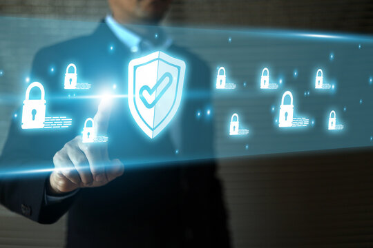 Human hand with cyber security data protection icons for online computer network and personal privacy user access key protect and hacker cybercrime prevent or safety storage cloud file.