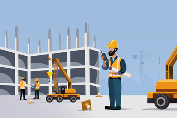 Engineering worker using walkie talkie at construction site. Industrial communication and safety first concept. Vector. 