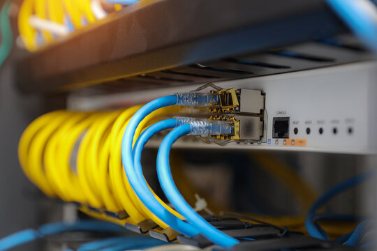 LAN internet network cable or RJ45 UTP fiber optic connect to network management equipment for cloud computing computer data link file transfer or wifi networking devices technology server system.