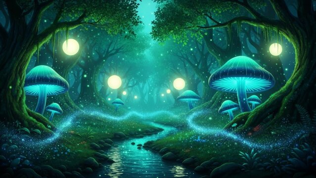 Glowing blue mushrooms line a serene forest stream with soft green moss and trees under a mystical night sky with luminescent orbs.