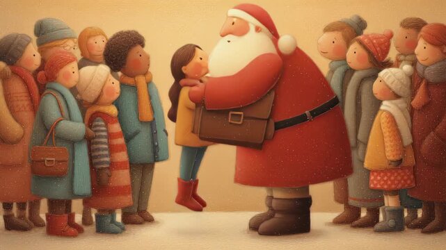 Santa for kids storybook, christmas, heartwarming storybook santa greeting children with kindness, soft rounded shapes, warm and gentle atmosphere