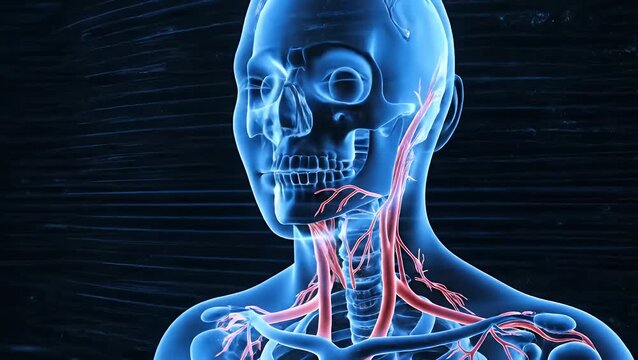 Medical illustration of human head anatomy with blood vessels